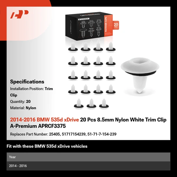 2014-2016 BMW 535d xDrive 20 Pcs 8.5mm Nylon White Trim Clip A-Premium APRCF3375