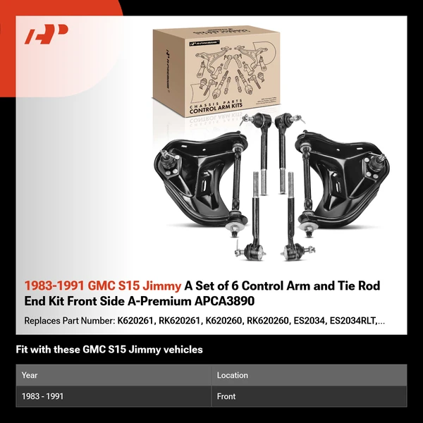 1983-1991 GMC S15 Jimmy A Set of 6 Control Arm and Tie Rod End Kit Front Side A-Premium APCA3890