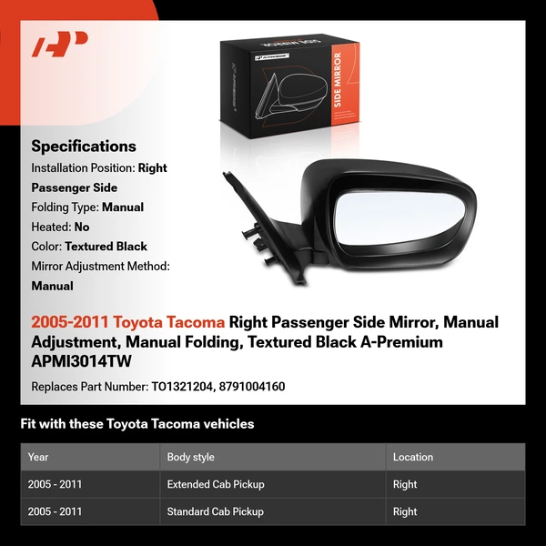 2005-2011 Toyota Tacoma Right Passenger Side Mirror, Manual Adjustment, Manual Folding, Textured Black A-Premium APMI3014TW