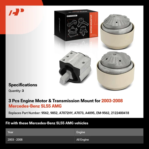 3 Pcs Engine Motor & Transmission Mount for 2003-2008 Mercedes-Benz SL55 AMG
