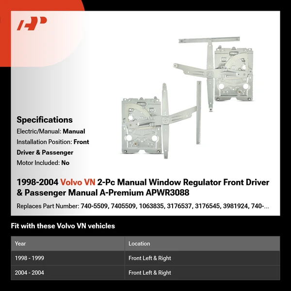 1998-2004 Volvo VN 2-Pc Manual Window Regulator Front Driver & Passenger Manual A-Premium APWR3088