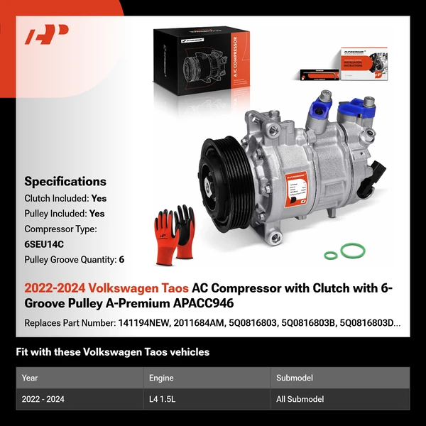 2022-2024 Volkswagen Taos AC Compressor with Clutch with 6-Groove Pulley A-Premium APACC946