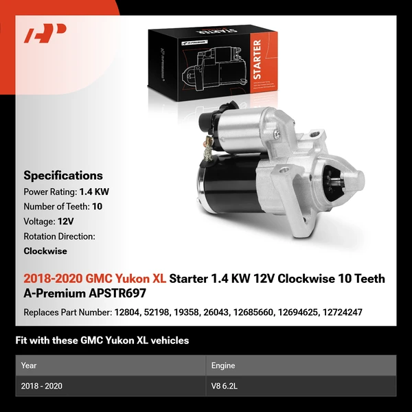 2018-2020 GMC Yukon XL Starter 1.4 KW 12V Clockwise 10 Teeth A-Premium APSTR697