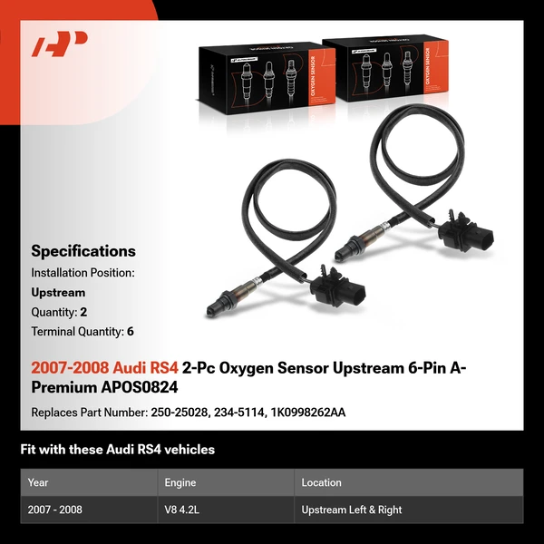 2007-2008 Audi RS4 2-Pc Oxygen Sensor Upstream 6-Pin A-Premium APOS0824