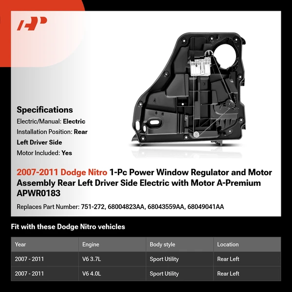 2007-2011 Dodge Nitro 1-Pc Power Window Regulator and Motor Assembly Rear Left Driver Side Electric with Motor A-Premium APWR0183