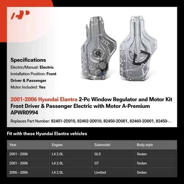 2001-2006 Hyundai Elantra 2-Pc Window Regulator and Motor Kit Front Driver & Passenger Electric with Motor A-Premium APWR0994