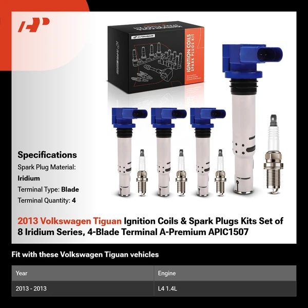 2013 Volkswagen Tiguan Ignition Coils & Spark Plugs Kits Set of 8 Iridium Series, 4-Blade Terminal A-Premium APIC1507