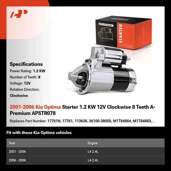 2001-2006 Kia Optima Starter 1.2 KW 12V Clockwise 8 Teeth A-Premium APSTR078