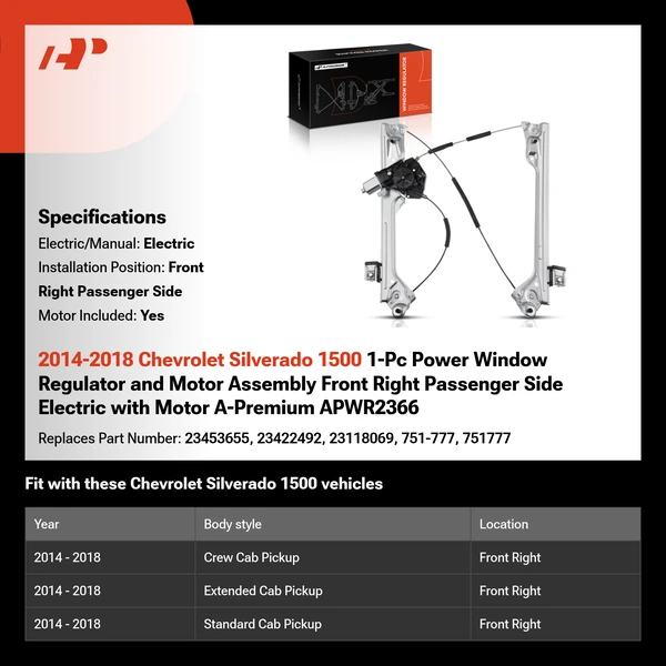 2014-2018 Chevrolet Silverado 1500 1-Pc Power Window Regulator and Motor Assembly Front Right Passenger Side Electric with Motor A-Premium APWR2366