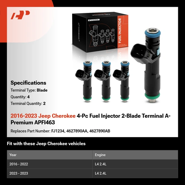 2016-2023 Jeep Cherokee 4-Pc Fuel Injector 2-Blade Terminal A-Premium APFI463
