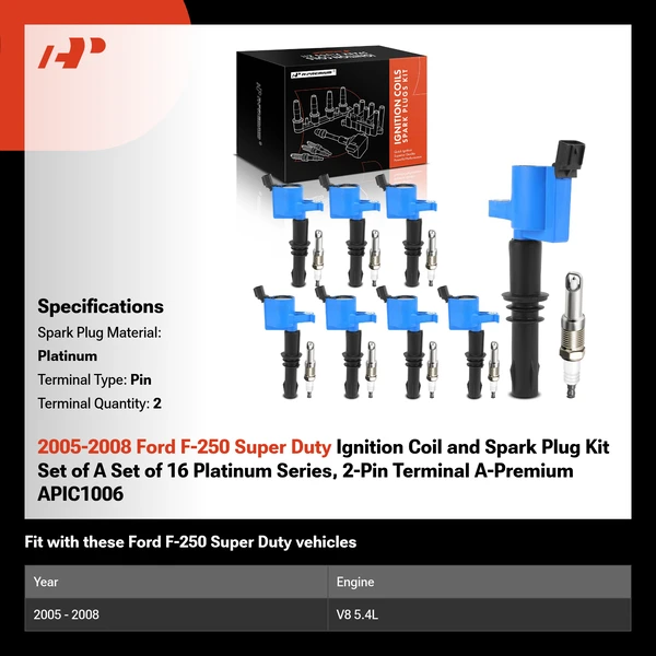 2005-2008 Ford F-250 Super Duty Ignition Coil and Spark Plug Kit Set of A Set of 16 Platinum Series, 2-Pin Terminal A-Premium APIC1006