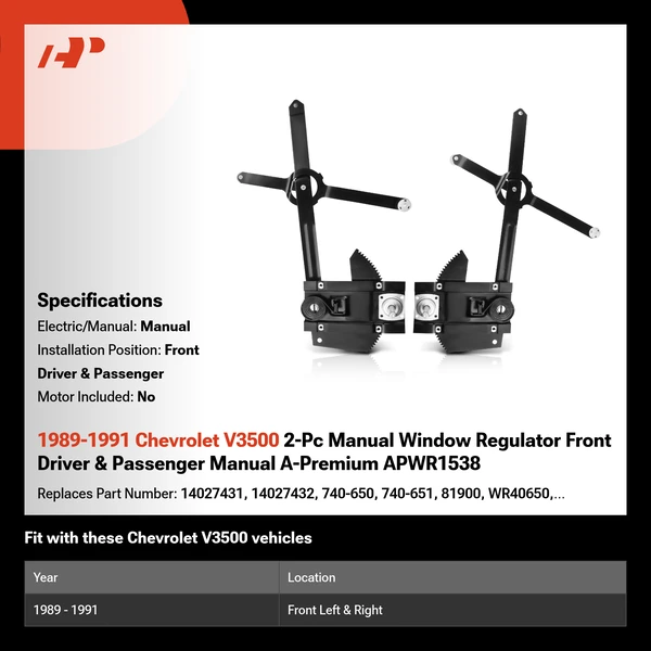 1989-1991 Chevrolet V3500 2-Pc Manual Window Regulator Front Driver & Passenger Manual A-Premium APWR1538