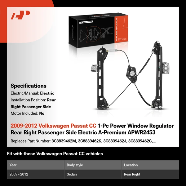2009-2012 Volkswagen Passat CC 1-Pc Power Window Regulator Rear Right Passenger Side Electric A-Premium APWR2453