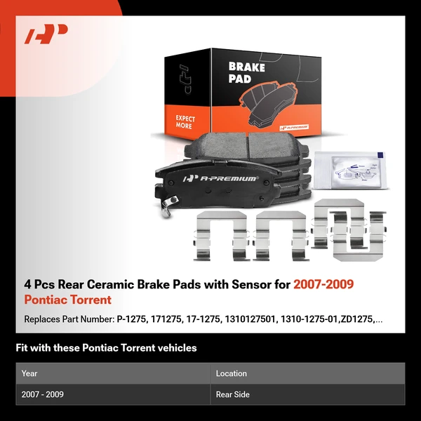 4 Pcs Rear Ceramic Brake Pads with Sensor for 2007-2009 Pontiac Torrent