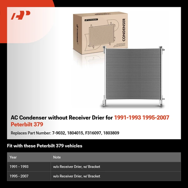 AC Condenser without Receiver Drier for 1991-1993 1995-2007 Peterbilt 379