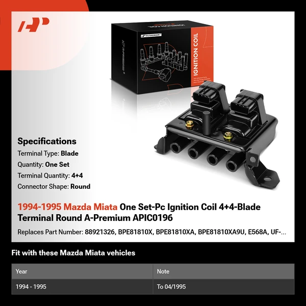 1994-1995 Mazda Miata One Set-Pc Ignition Coil 4+4-Blade Terminal Round A-Premium APIC0196