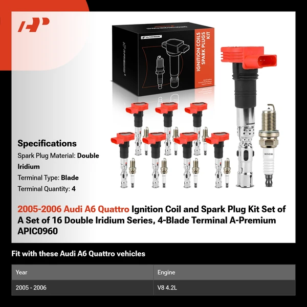 2005-2006 Audi A6 Quattro Ignition Coil and Spark Plug Kit Set of A Set of 16 Double Iridium Series, 4-Blade Terminal A-Premium APIC0960
