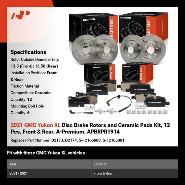 2021 GMC Yukon XL Disc Brake Rotors and Ceramic Pads Kit, 12 Pcs, Front & Rear, A-Premium, APBRPR1914