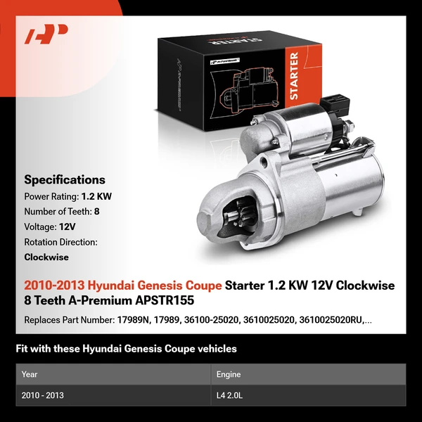 2010-2013 Hyundai Genesis Coupe Starter 1.2 KW 12V Clockwise 8 Teeth A-Premium APSTR155