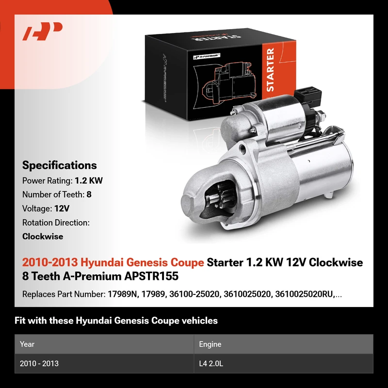 2010-2013 Hyundai Genesis Coupe Starter 1.2 KW 12V Clockwise 8 Teeth A-Premium APSTR155
