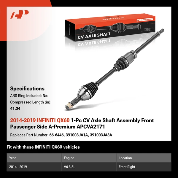 2014-2019 INFINITI QX60 1-Pc CV Axle Shaft Assembly Front Passenger Side A-Premium APCVA2171