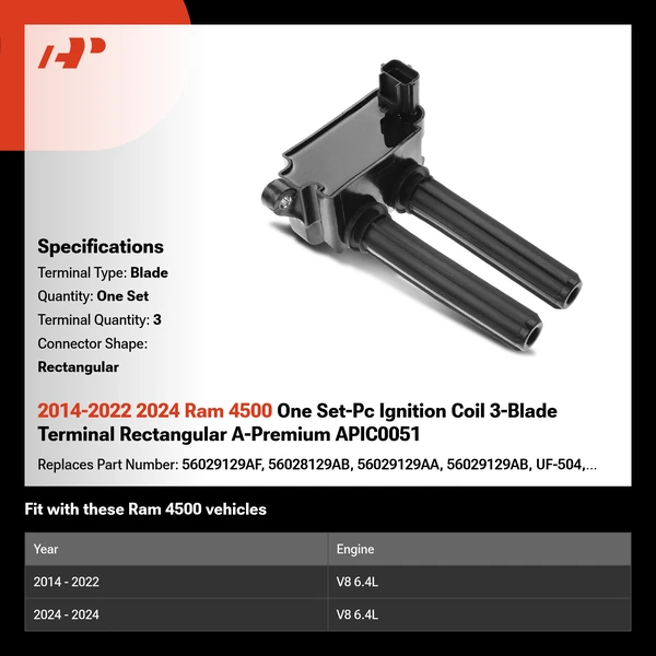 2014-2022 2024 Ram 4500 One Set-Pc Ignition Coil 3-Blade Terminal Rectangular A-Premium APIC0051