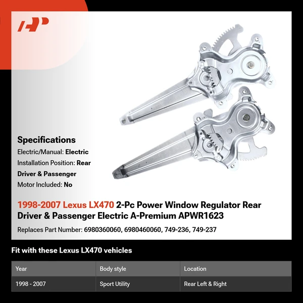 1998-2007 Lexus LX470 2-Pc Power Window Regulator Rear Driver & Passenger Electric A-Premium APWR1623