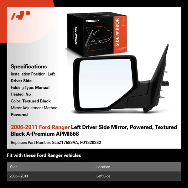 2006-2011 Ford Ranger Left Driver Side Mirror, Powered, Textured Black A-Premium APMI668