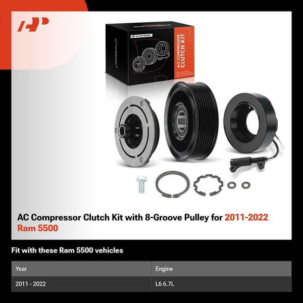AC Compressor Clutch Kit with 8-Groove Pulley for 2011-2022 Ram 5500