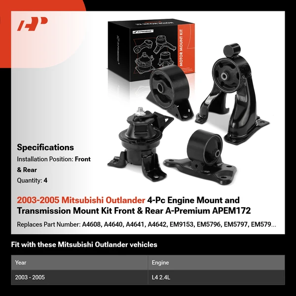 2003-2005 Mitsubishi Outlander 4-Pc Engine Mount and Transmission Mount Kit Front & Rear A-Premium APEM172