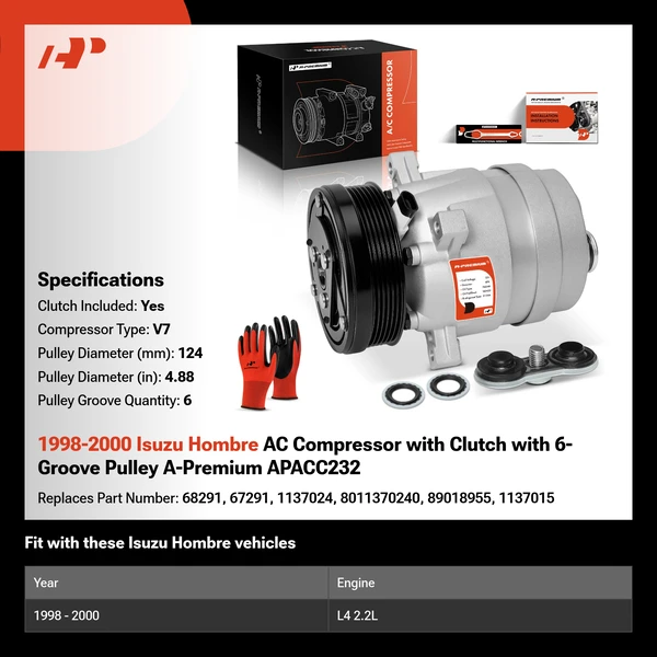 1998-2000 Isuzu Hombre AC Compressor with Clutch with 6-Groove Pulley A-Premium APACC232