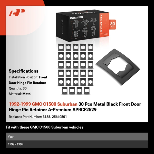 1992-1999 GMC C1500 Suburban 30 Pcs Metal Black Front Door Hinge Pin Retainer A-Premium APRCF2529