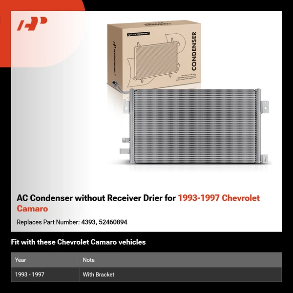 AC Condenser without Receiver Drier for 1993-1997 Chevrolet Camaro
