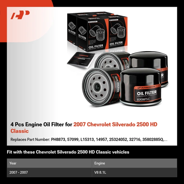 4 Pcs Engine Oil Filter for 2007 Chevrolet Silverado 2500 HD Classic