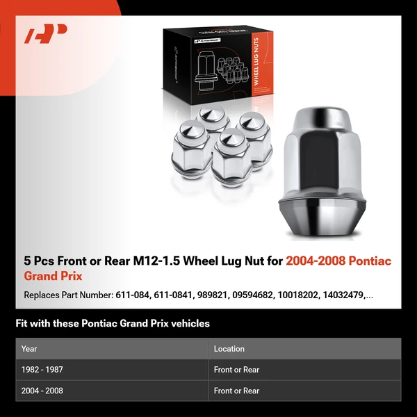 5 Pcs Front or Rear M12-1.5 Wheel Lug Nut for 2004-2008 Pontiac Grand Prix