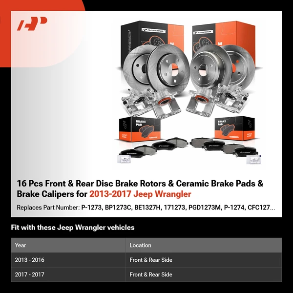 16 Pcs Front & Rear Disc Brake Rotors & Ceramic Brake Pads & Brake Calipers for 2013-2017 Jeep Wrangler