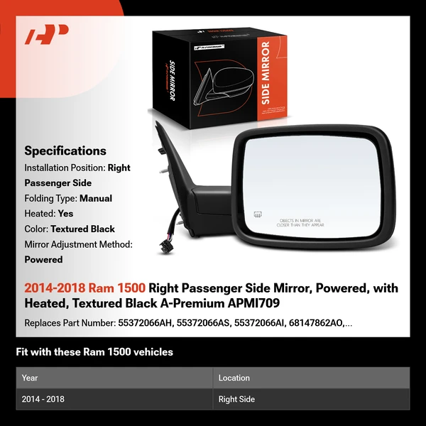 2014-2018 Ram 1500 Right Passenger Side Mirror, Powered, with Heated, Textured Black A-Premium APMI709