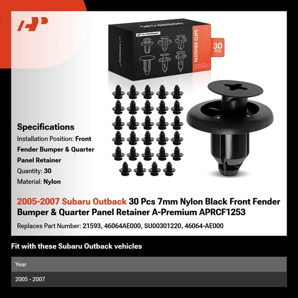 2005-2007 Subaru Outback 30 Pcs 7mm Nylon Black Front Fender Bumper & Quarter Panel Retainer A-Premium APRCF1253