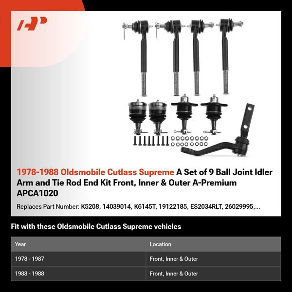 1978-1988 Oldsmobile Cutlass Supreme A Set of 9 Ball Joint Idler Arm and Tie Rod End Kit Front, Inner & Outer A-Premium APCA1020