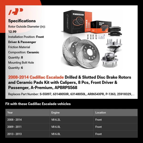 2008-2014 Cadillac Escalade Drilled & Slotted Disc Brake Rotors and Ceramic Pads Kit with Calipers, 8 Pcs, Front Driver & Passenger, A-Premium, APBRPS568