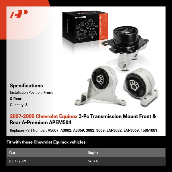 2007-2009 Chevrolet Equinox 3-Pc Transmission Mount Front & Rear A-Premium APEM504