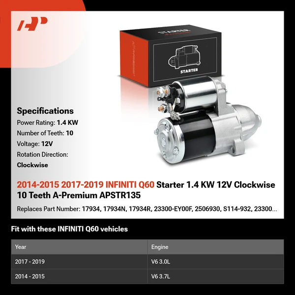 2014-2015 2017-2019 INFINITI Q60 Starter 1.4 KW 12V Clockwise 10 Teeth A-Premium APSTR135