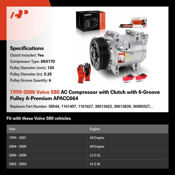 1999-2006 Volvo S80 AC Compressor with Clutch with 6-Groove Pulley A-Premium APACC664