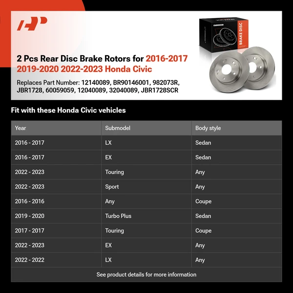 2 Pcs Rear Disc Brake Rotors for 2016-2017 2019-2020 2022-2023 Honda Civic