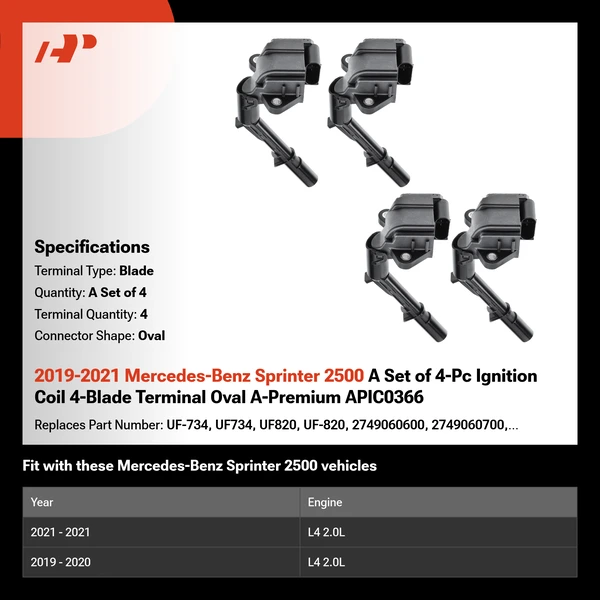 2019-2021 Mercedes-Benz Sprinter 2500 A Set of 4-Pc Ignition Coil 4-Blade Terminal Oval A-Premium APIC0366
