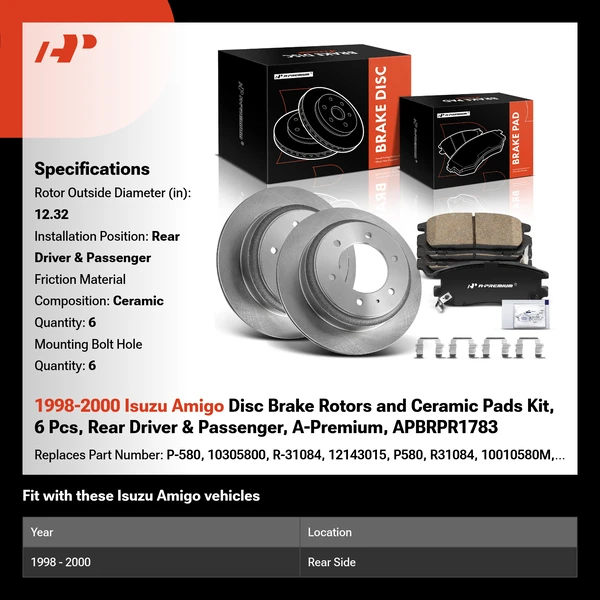 1998-2000 Isuzu Amigo Disc Brake Rotors and Ceramic Pads Kit, 6 Pcs, Rear Driver & Passenger, A-Premium, APBRPR1783