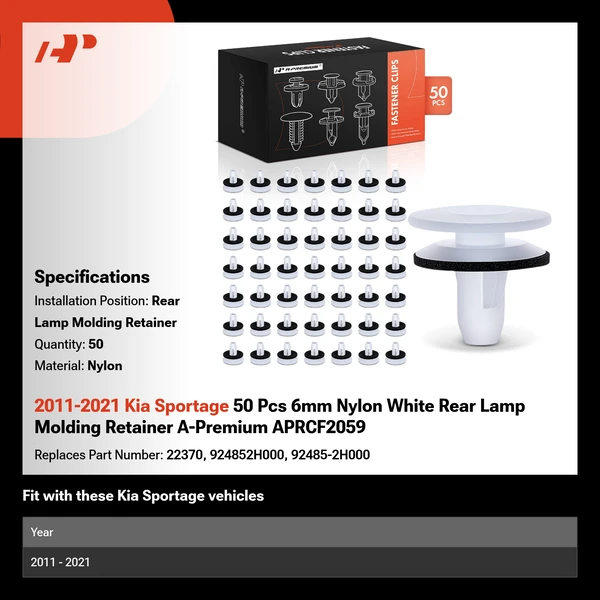 2011-2021 Kia Sportage 50 Pcs 6mm Nylon White Rear Lamp Molding Retainer A-Premium APRCF2059