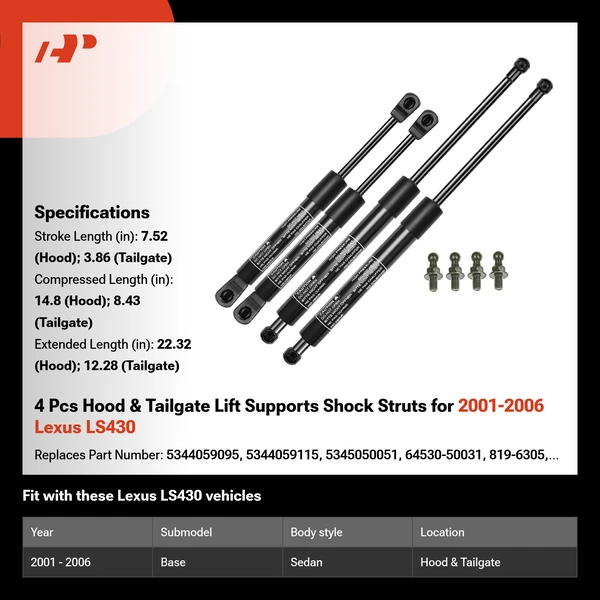 4 Pcs Hood & Tailgate Lift Supports Shock Struts for 2001-2006 Lexus LS430