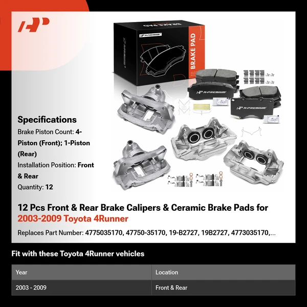 12 Pcs Front & Rear Brake Calipers & Ceramic Brake Pads for 2003-2009 Toyota 4Runner