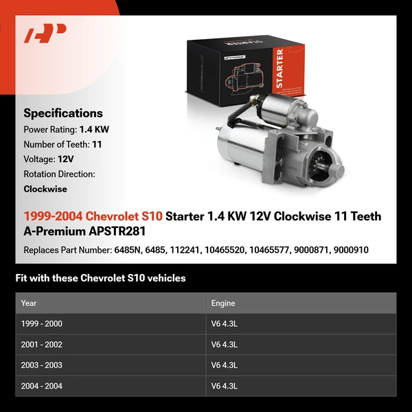 1999-2004 Chevrolet S10 Starter 1.4 KW 12V Clockwise 11 Teeth A-Premium APSTR281